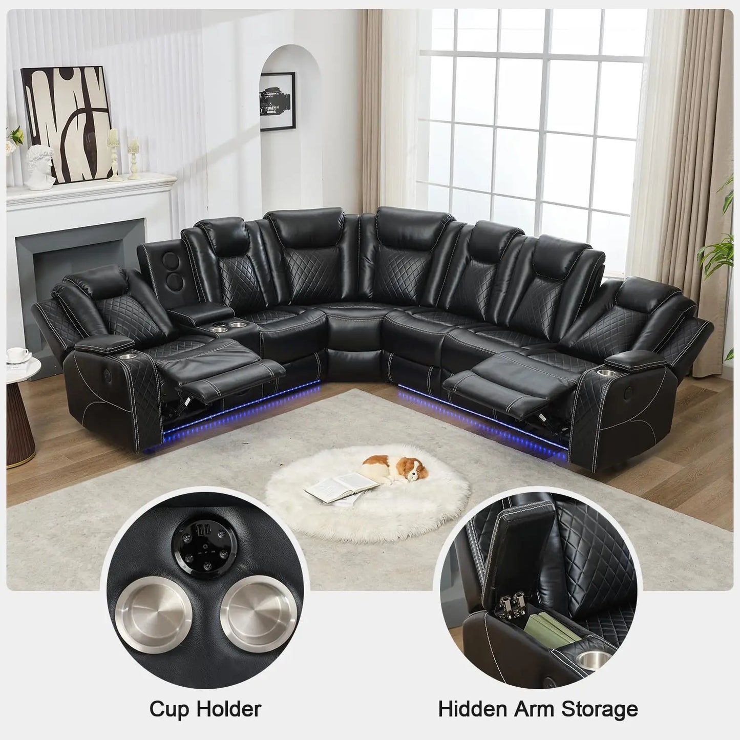 6-Seater Power Recliner Sectional Sofa with Drop-off Table, Faux Leather Electric Sofa Featuring Bass Speaker, LED Light, USB, T