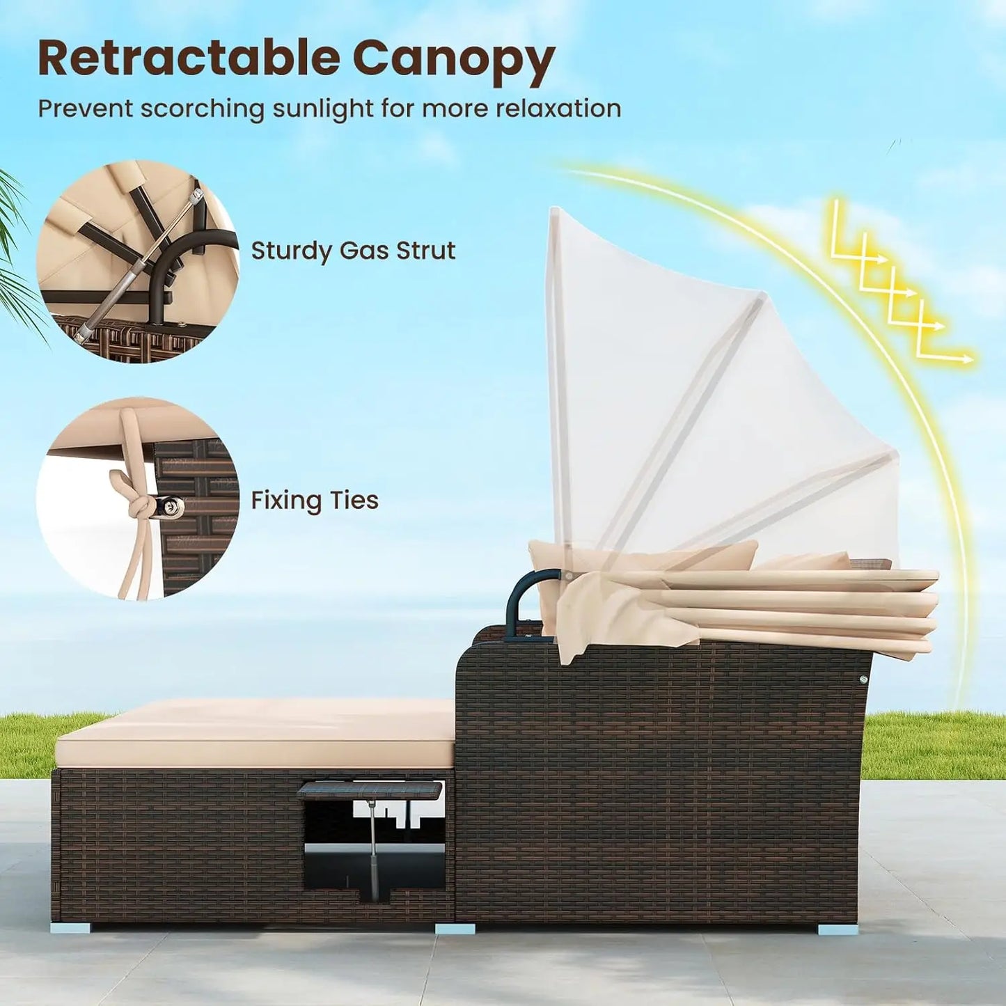 Outdoor Daybed, 2-Person Wicker Patio Sofa with Retractable Canopy, Cushions & Pillows, 2 Side Trays, PE Rattan Double, Custom