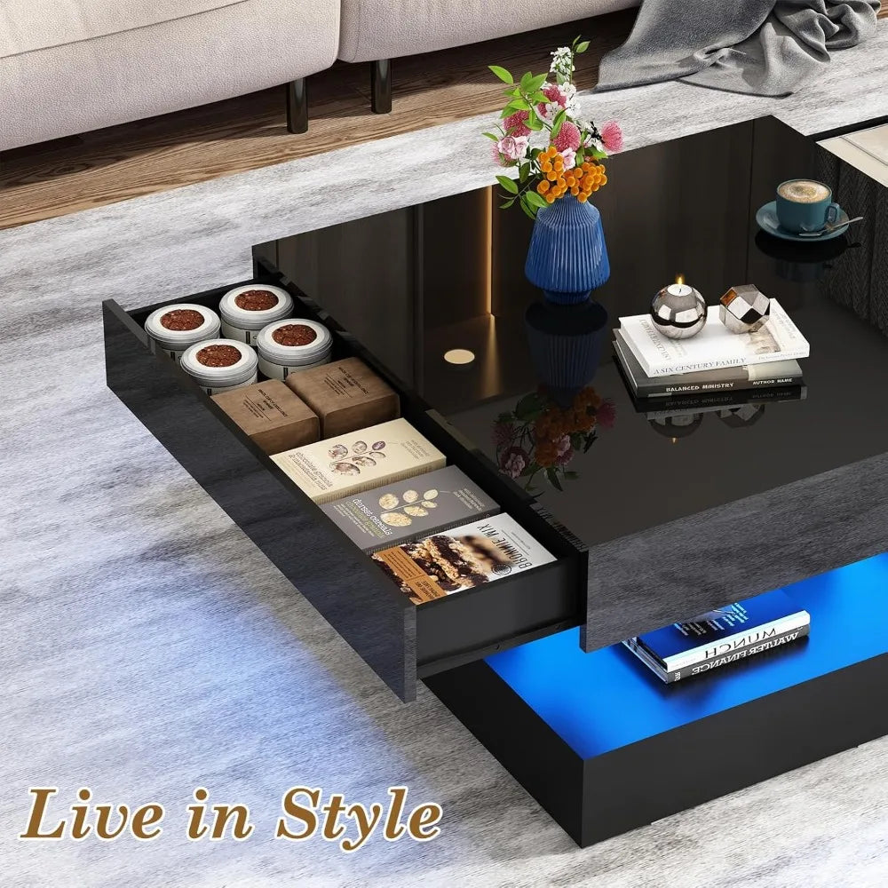 LED Coffee Table with Storage, Modern High Glossy Living Room Table w/2 Drawers,Double-Layer