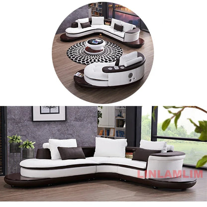 Modern Luxury Genuine Leather Sectional Sofa Set with Speaker and USB, U-Shaped Design Living Room Couch with Storage Shelves