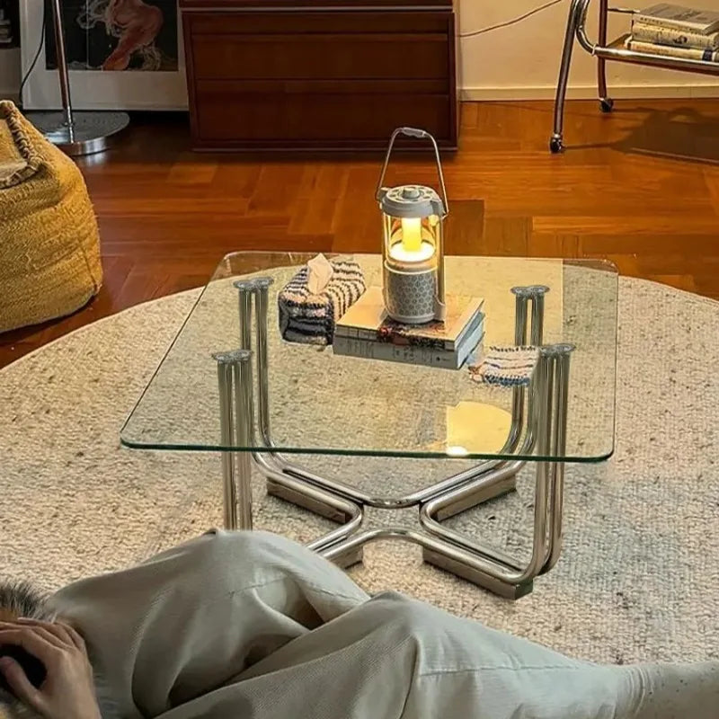 Retro Glass Coffee Table, Square Mid-Century Accent Table, Living Room Home Decor Furniture Side Tables