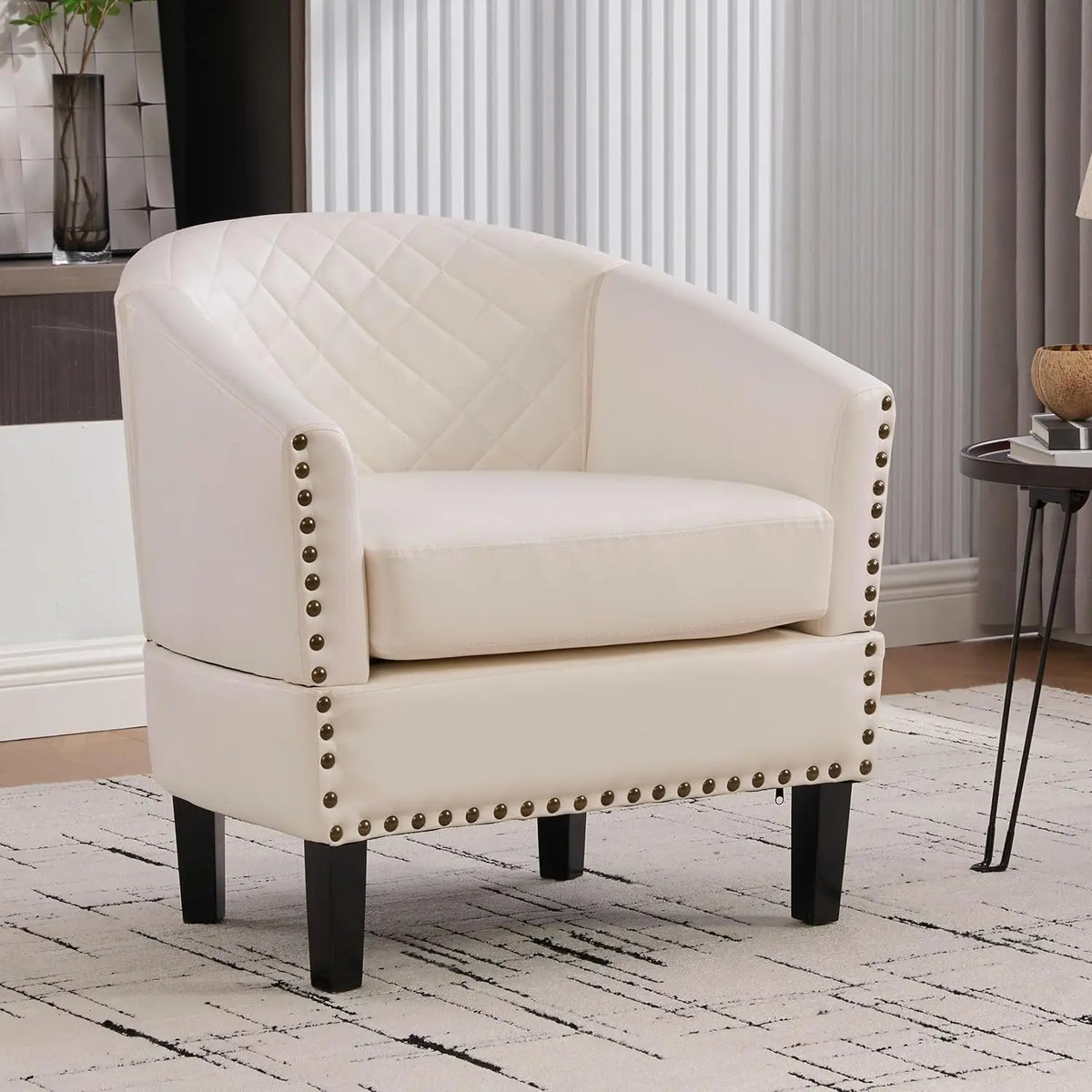 Accent PU Barrel Chair Set of 2 Living Room Chair, Upholstered Sofa Club Chair Set with Nail-Heads and Solid Wood Legs