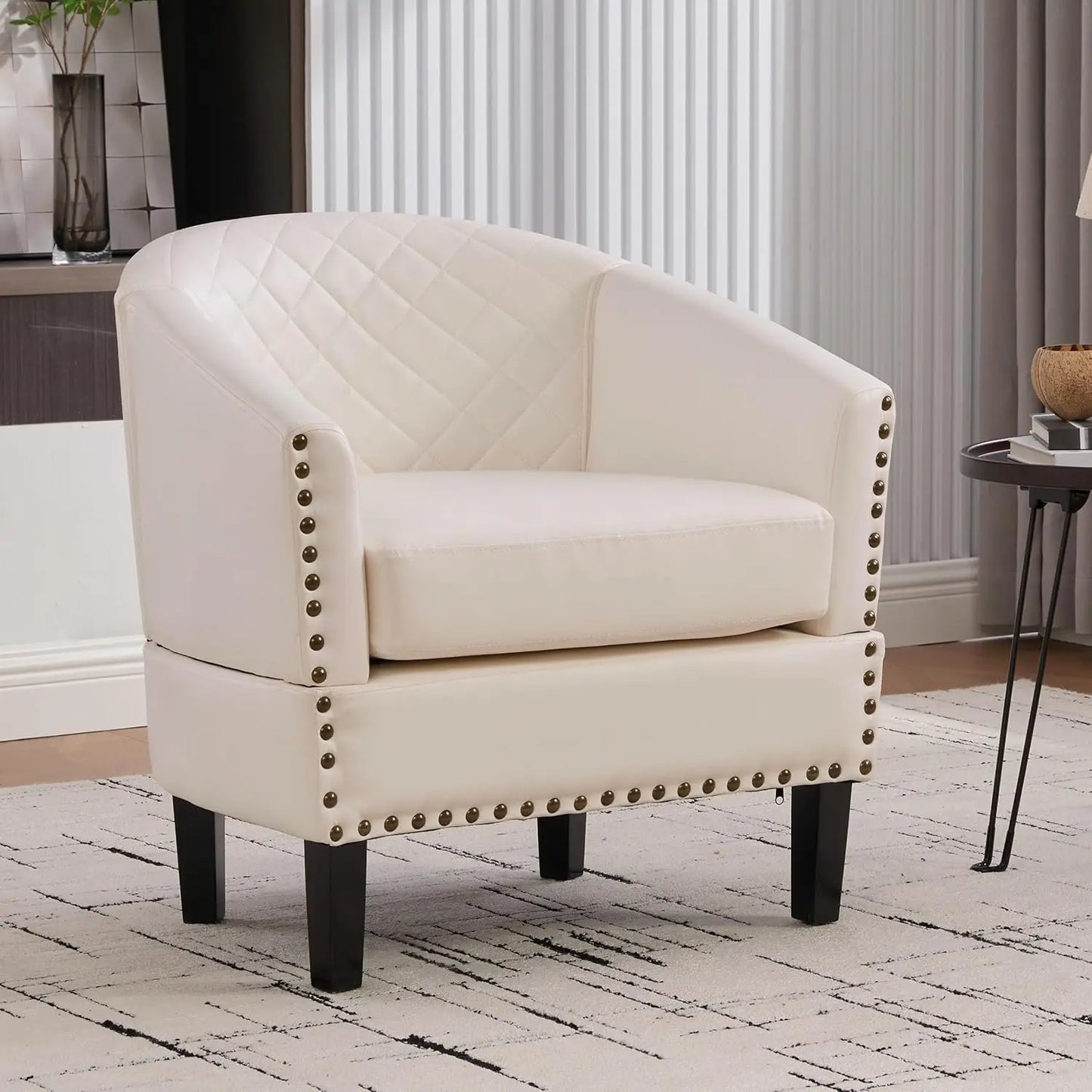 Accent PU Barrel Chair Set of 2 Living Room Chair, Upholstered Sofa Club Chair Set with Nail-Heads and Solid Wood Legs