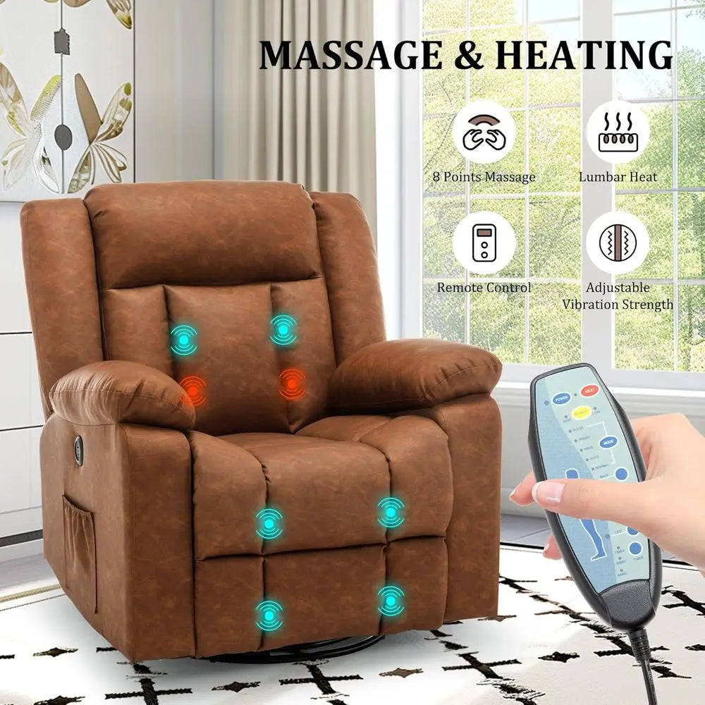 360° Swivel Recliner with Massage & Heating, Rocking Chair with Side Pockets & USB for Living Room, Nursery, or Bedroom