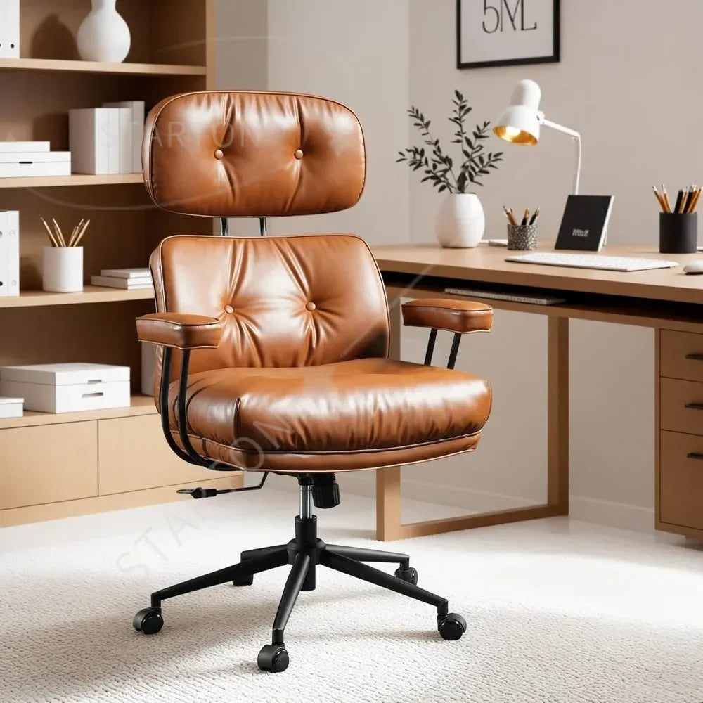 Mid-Century Modern Leather Chair，Ergonomic Home Office Chair with Lumbar Support, High Back Swivel Rolling Executive Chair