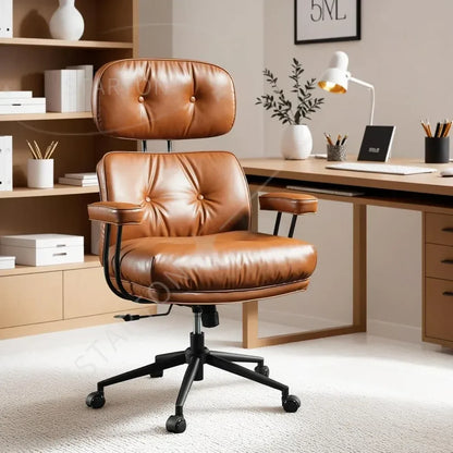 Mid-Century Modern Leather Chair，Ergonomic Home Office Chair with Lumbar Support, High Back Swivel Rolling Executive Chair