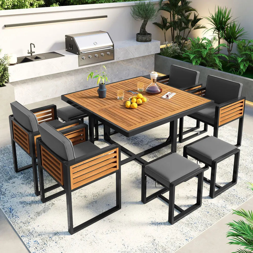 9-Pieces Acacia Wood Patio Dining Set, Space Saving Outdoor Patio Set, 4 Cushioned Chairs & 4 Ottomans & 1 Square Table