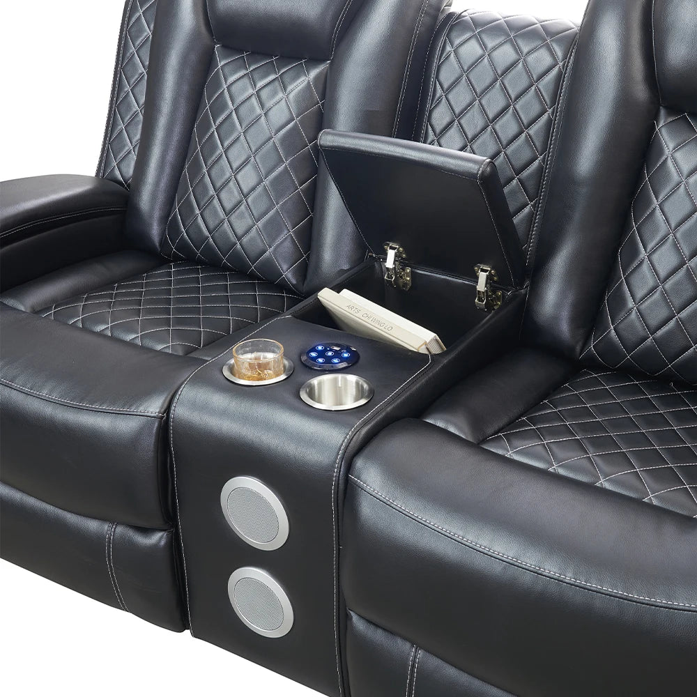 Power Reclining Sofa Couch with Wireless Charger 3 Seaters Recliner  Reading Light Leather Bluetooth Speaker Theater Seating LED