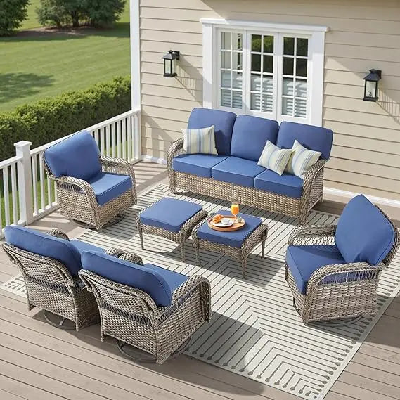 7 Pieces Outdoor Furniture Set with Swivel Chairs, Wicker Swivel Rocker Patio Chairs Set of 4 Outdoor 3 Seater Sofa with Ottoman