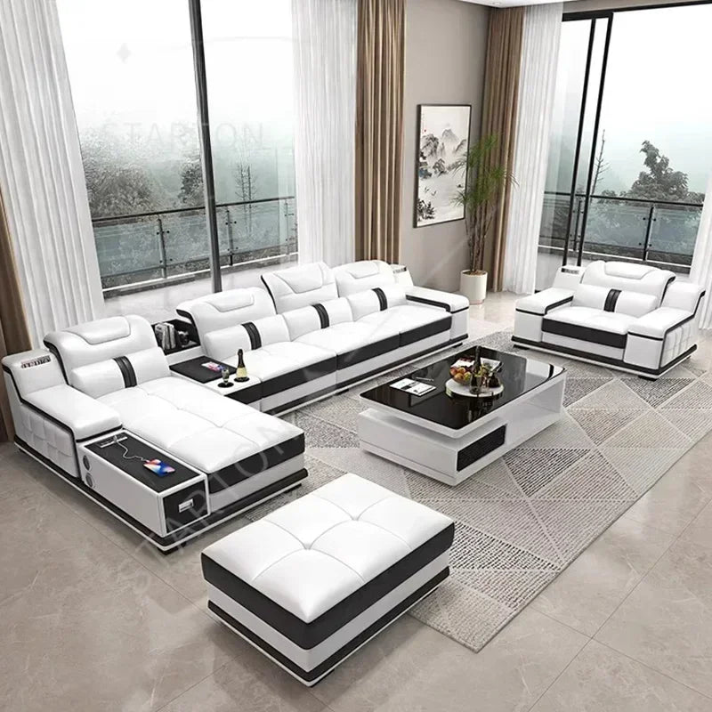 With Bluetooth Speaker And USB Ports Cow Leather Divano Living Room Furniture Luxury Italian Genuine Leather Sectional Sofa Set