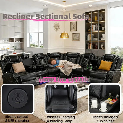 Breathing Leather Reclining Soa Set,Power Recliner Sectional Couch with LED Light,ern Living Room urniture Set,Reclining Section