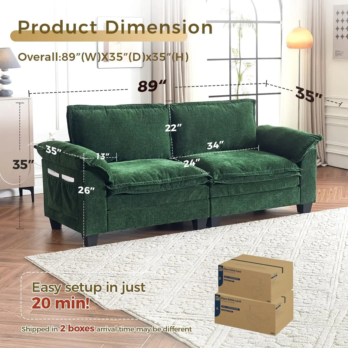Modular Cloud Couch Sectional Sofa 89",  Modern Deep 2-Seat Loveseat Sofas, Oversized with Movable Ottoman, High Back