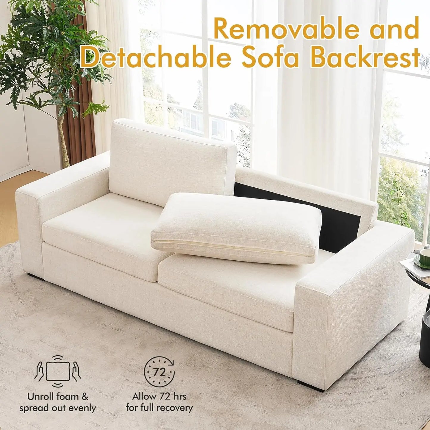 85" Modern Sofa Couches for Living Room, 3 Seater Sofa, Natural Linen Deep Seat Sofa with Upholstered Cushion&Detachable Cover,