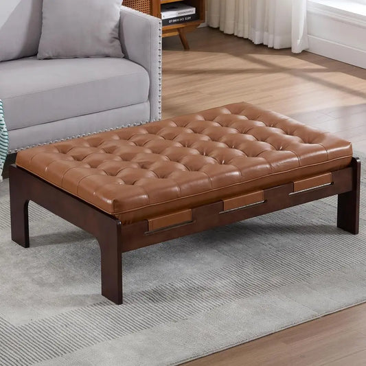 48 Brown Leather Ottoman Coffee Table with Dark Wood, Rectangular Tufted Top for Living Room
