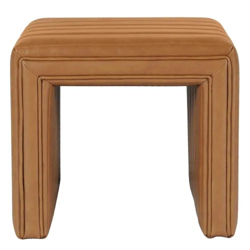 Footstool Ottoman, Channel Tuft Caramel Brown Faux Leather 19 Inch
