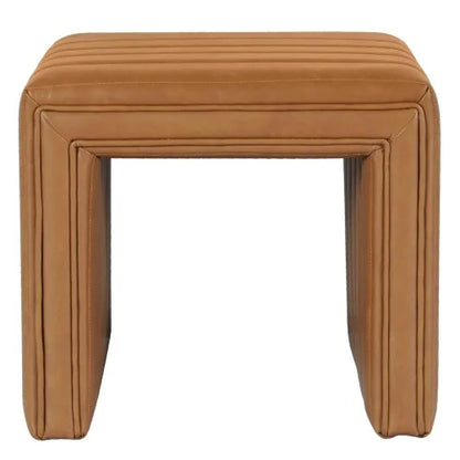 Footstool Ottoman, Channel Tuft Caramel Brown Faux Leather 19 Inch