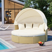 Outdoor Round Rattan Daybed with Retractable Canopy and Adjustable Table Patio Furniture Set Beige