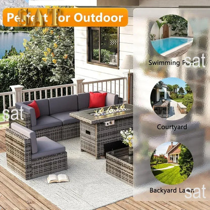 /Outdoor Patio Furniture 8 Pieces Set with 40" Fire Pit Table, Wicker Rattan Sectional Conversation Set with Coffee Table