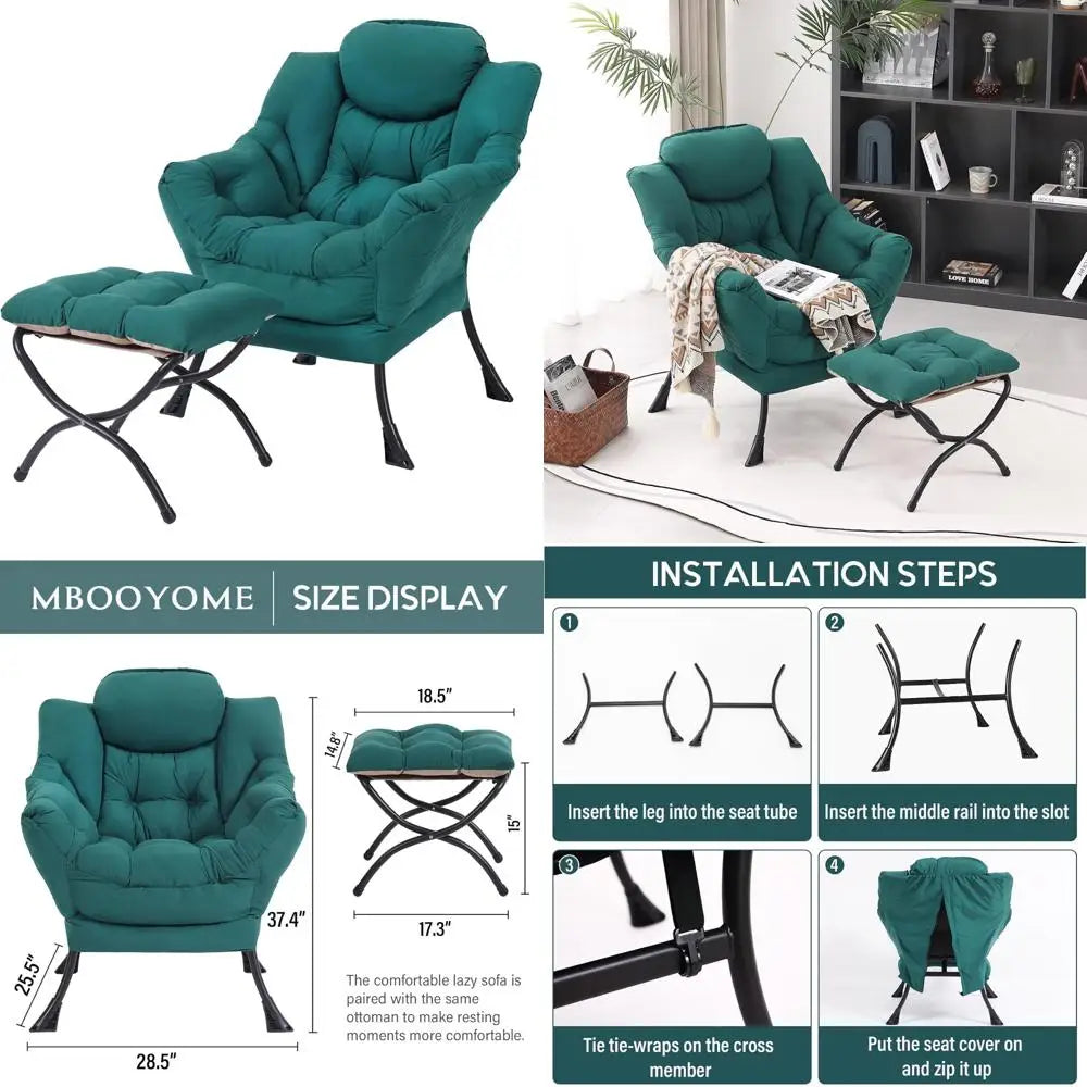 Modern Lounge Chair with Folding Ottoman, Armrests, Side Pocket, and Foldable Footrest for Leisure Reading