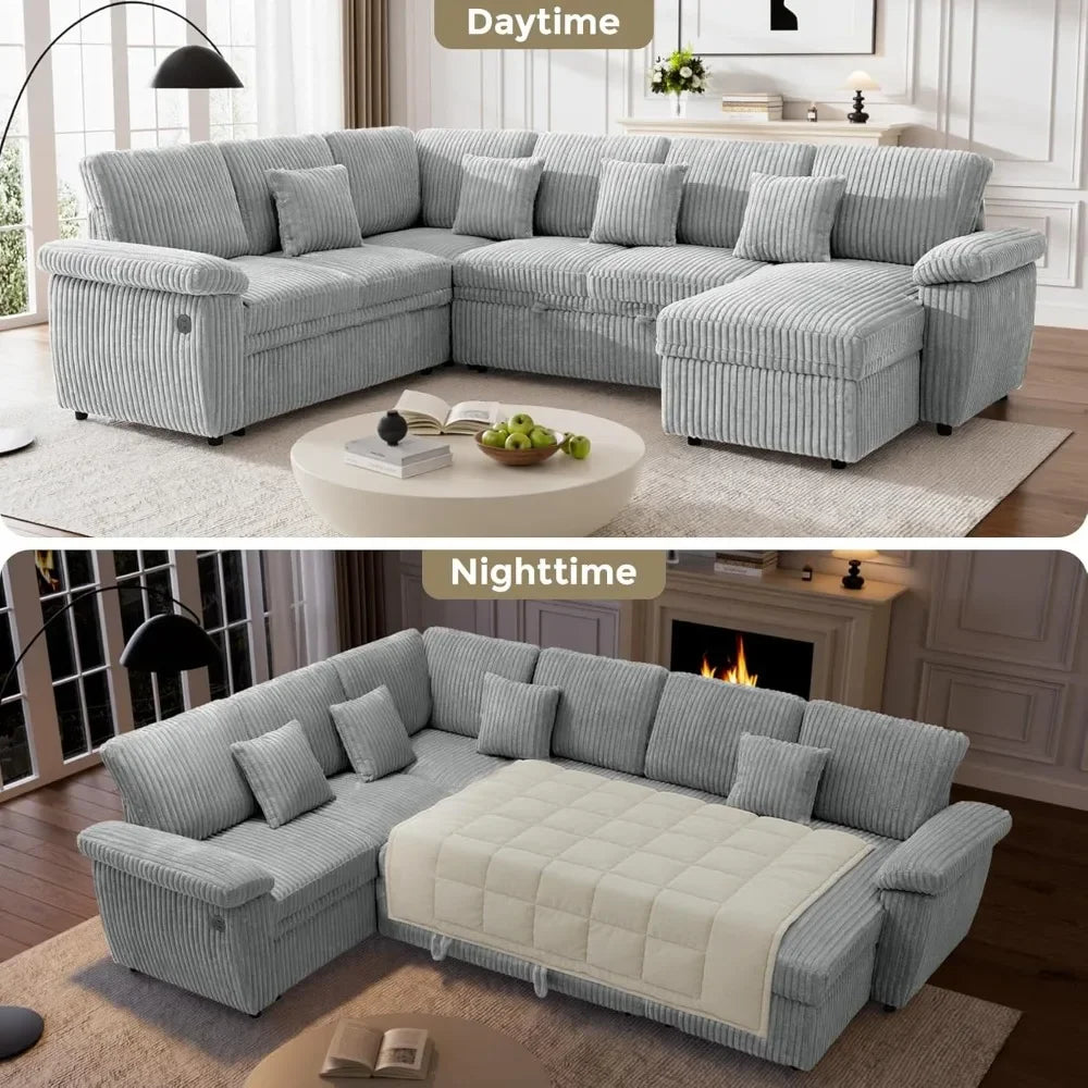 Sectional Sleeper Sofa with Pull Out Bed and Storage Chaise, Fluffy Soft Corduroy Fabric, Modern Comfy U Shaped Couch.