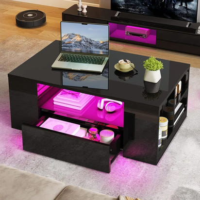 Contemporary LED Coffee Table with High Gloss Finish, Storage Drawers and Open Shelves for Living Room in Black Medium Size