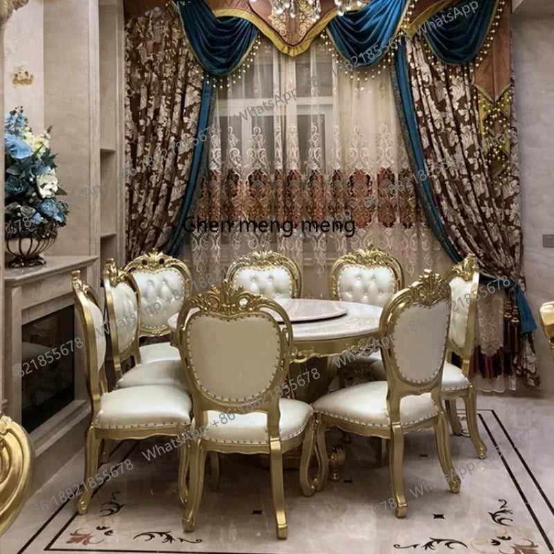 European white ice jade marble gold round dining table and chair combination European luxury solid wood dining table