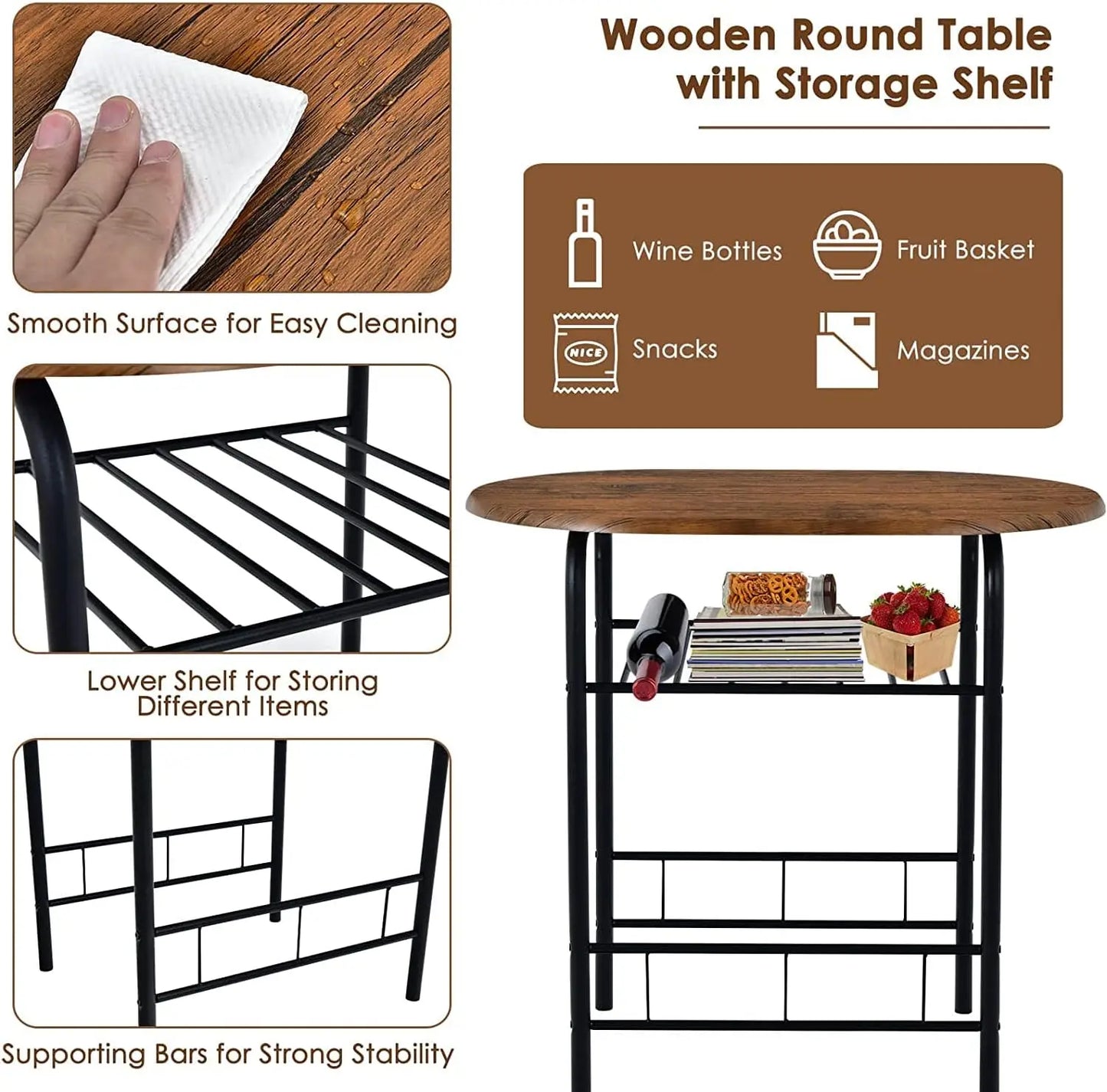3 Piece Dining Table Set, Compact Table And 2 Chairs Set, W/Metal Frame And Storage Shelf, Breakfast Table Set For Apartment