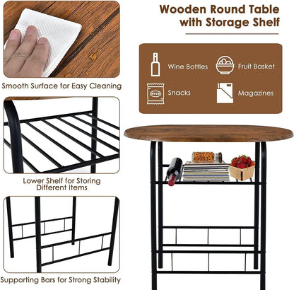 3 Piece Dining Table Set, Compact Table And 2 Chairs Set, W/Metal Frame And Storage Shelf, Breakfast Table Set For Apartment