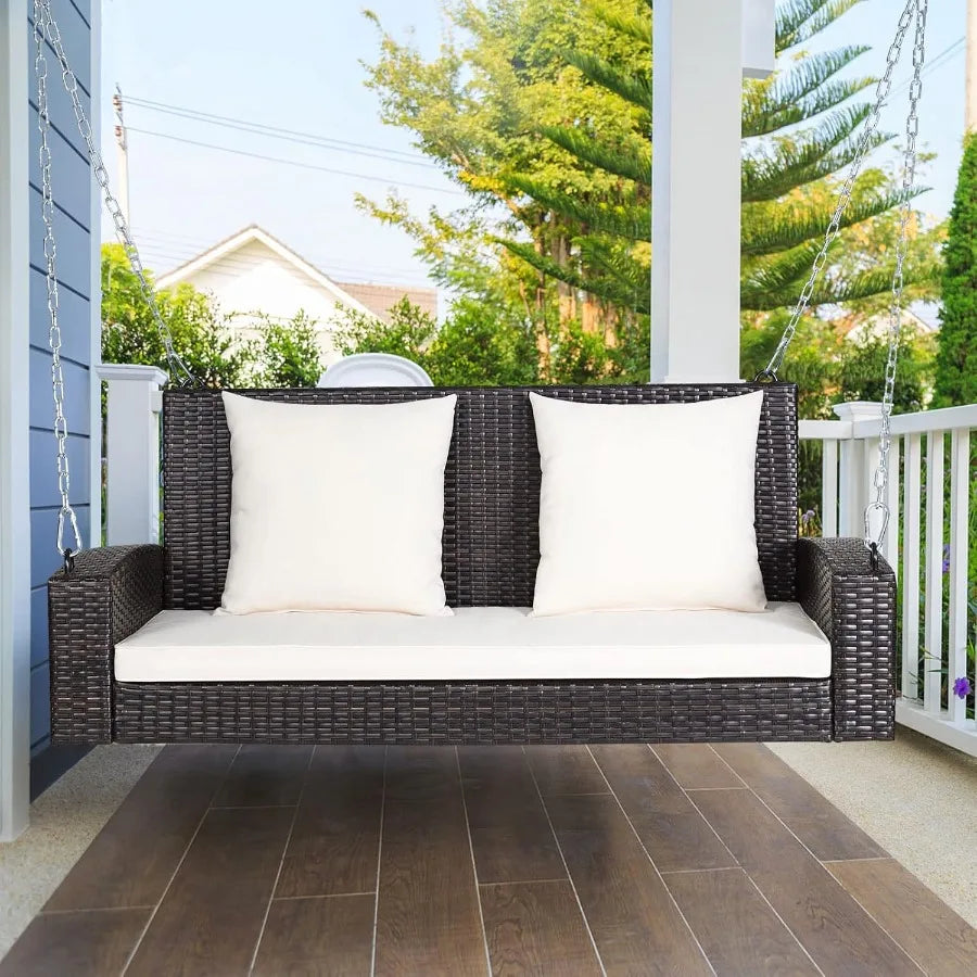 2Person Wicker Porch Swing Patiojoy Outdoor Rattan Hanging Swing Bench with 2 Back Cushions and 1 Seat Cushion Sturdy Steel Cha