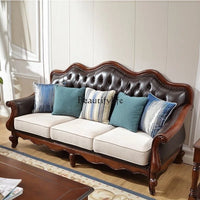4*American all-solid wood leather sofa European double triple retro modern simple
