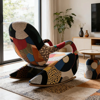 tyModern Patchwork Fabric Rocking Chair With Footrest Upholstered Accent Lounge Armchair for Living Room Bedroom Furniture@