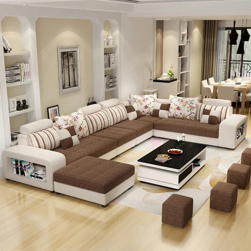 European Luxury Living Room Sofas 7 Seater U Shaped Home Furniture Wooden Fabric Armchair Corner Recliner Sectional  Sofa Set