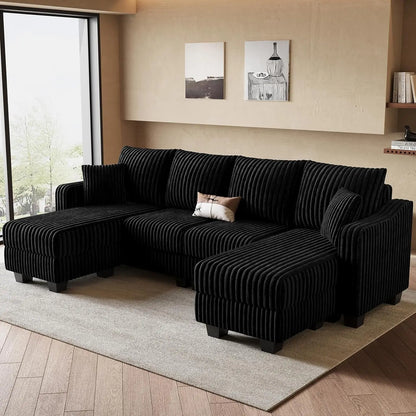 U Shaped Couch with Reversible Chaises Sectional Couches for Living Room Sectional Couch with Ottomans Corduroy (Black, U Shaped