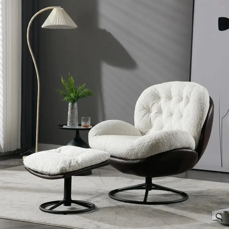 Modern Faux Fur Accent Chair with Ottoman, Lounge Armchair with Footrest and Sturdy Base for Living Room