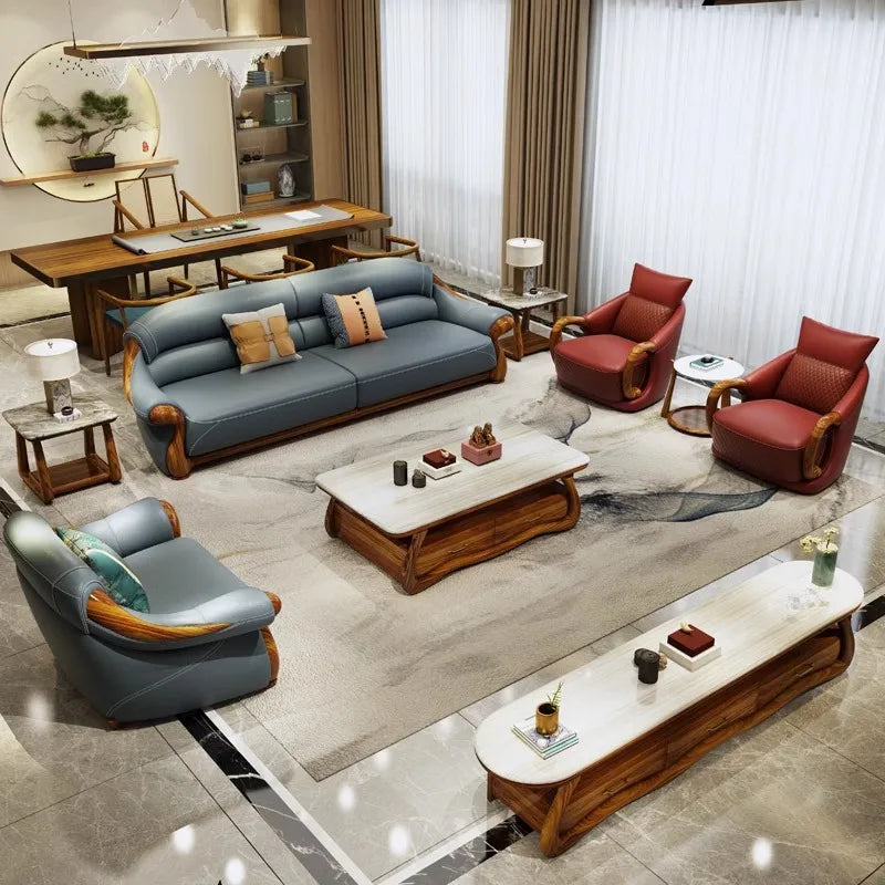 Solid wood sofa combination, first-layer cowhide sofa, ebony wood leather sofa