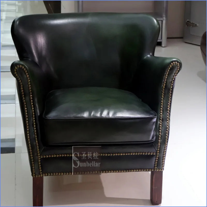 Antique green leather sofa chair top layer cowhide living room bedroom clubhouse club