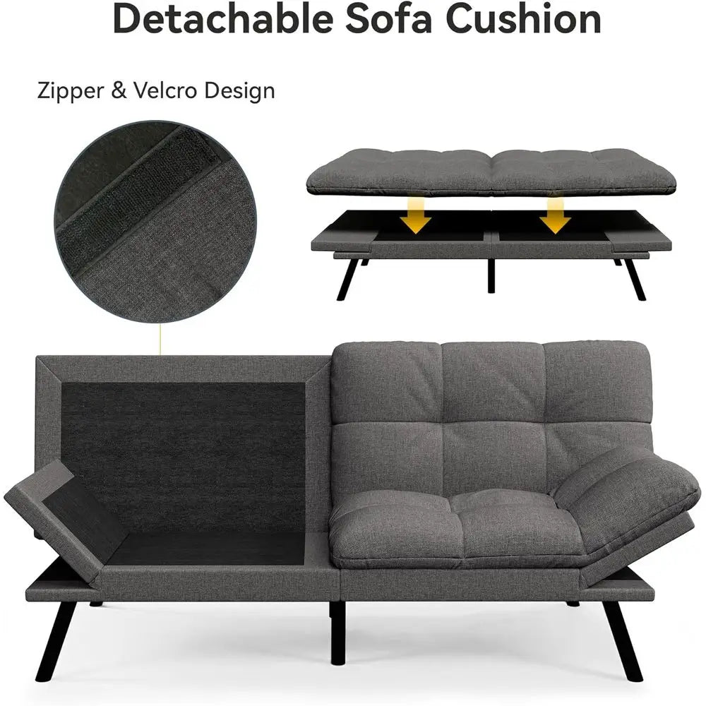 Convertible Sofa Bed with Grey Linen Upholstery, Detachable Cushion, Adjustable Backrest & Armrest, Ideal for Small Recliner Lov