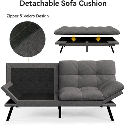 Convertible Sofa Bed with Grey Linen Upholstery, Detachable Cushion, Adjustable Backrest & Armrest, Ideal for Small Recliner Lov