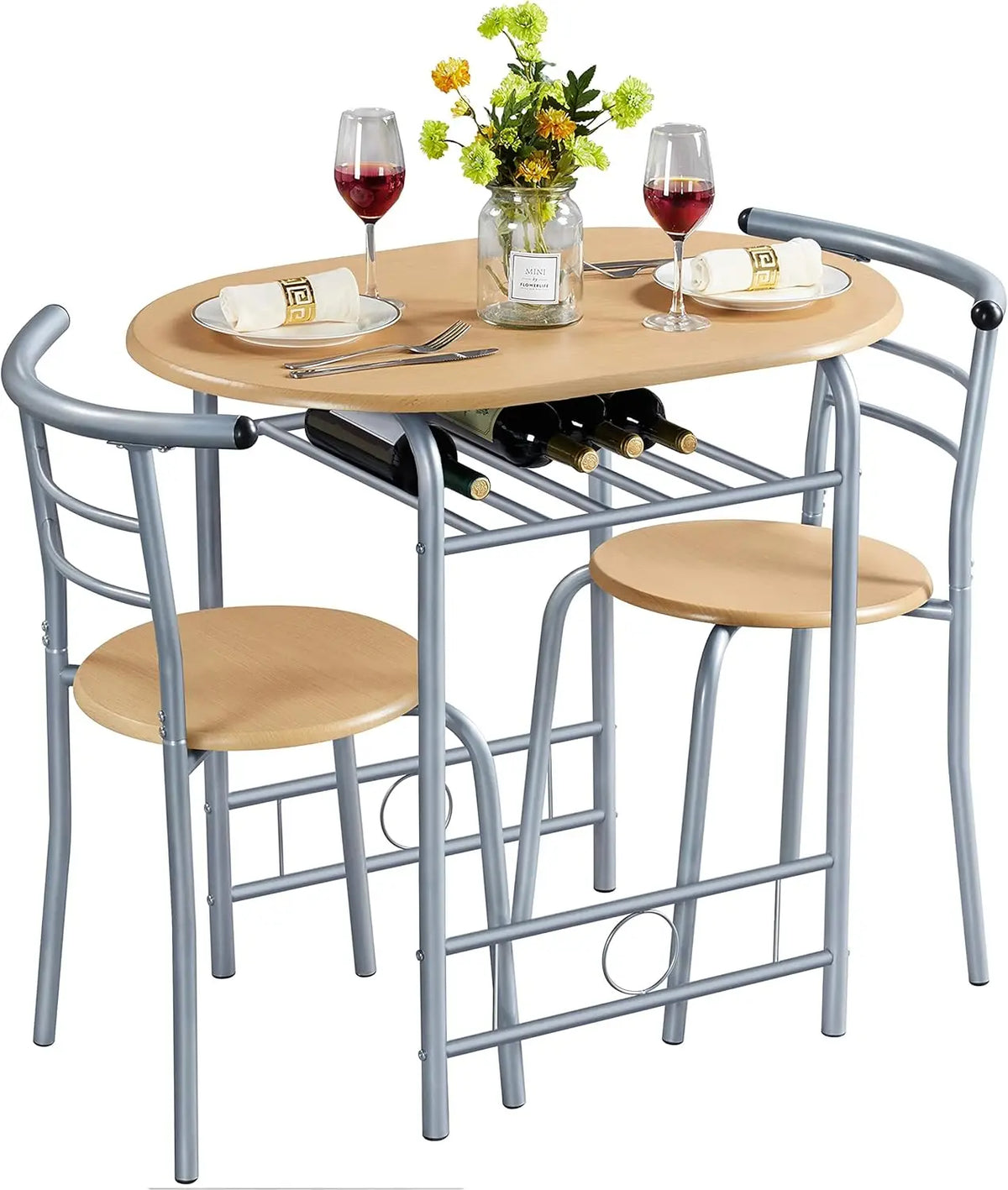 3 Piece Dining Table Set,Kitchen Table & Chair Sets for 2,Compact Bistro Table Set with Steel Legs,Built-in Wine Wine Rack Small