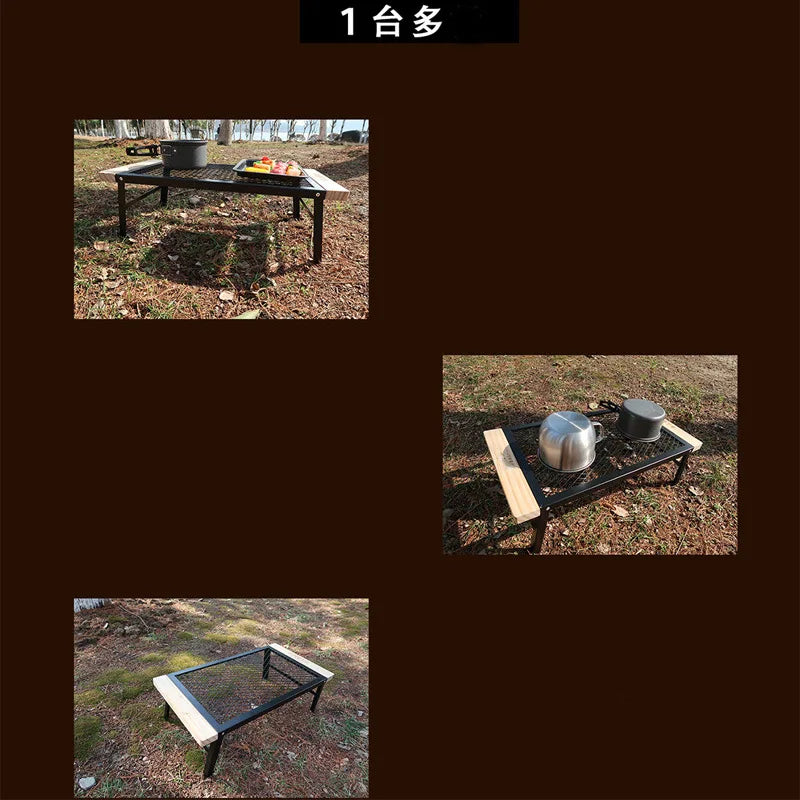 Outdoor Camping Table Mini Wrought Iron Folding Table Storage Barbecue Multi-functional Barbecue Net Table with Wooden Edge