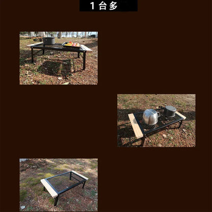 Outdoor Camping Table Mini Wrought Iron Folding Table Storage Barbecue Multi-functional Barbecue Net Table with Wooden Edge