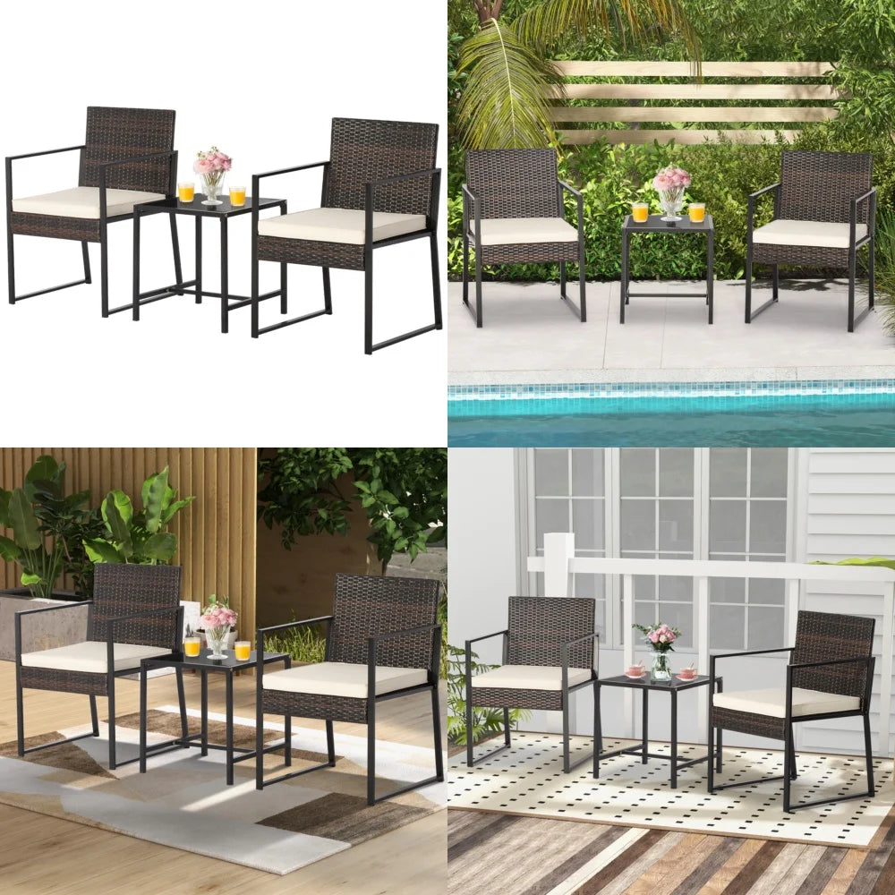 Garden Furniture Sets3 Piece Patio Furniture Set Woven PE Wicker Chairs with Tempered Glass Table Modern Outdoor Lounge
