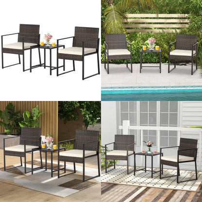 Garden Furniture Sets3 Piece Patio Furniture Set Woven PE Wicker Chairs with Tempered Glass Table Modern Outdoor Lounge