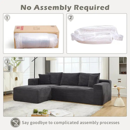 L-Shaped Modular Sectional Sofa Couch, 3-Seat Memory Foam Couch for Living Room, Oversized Chaise in Gray with Stripe (Left
