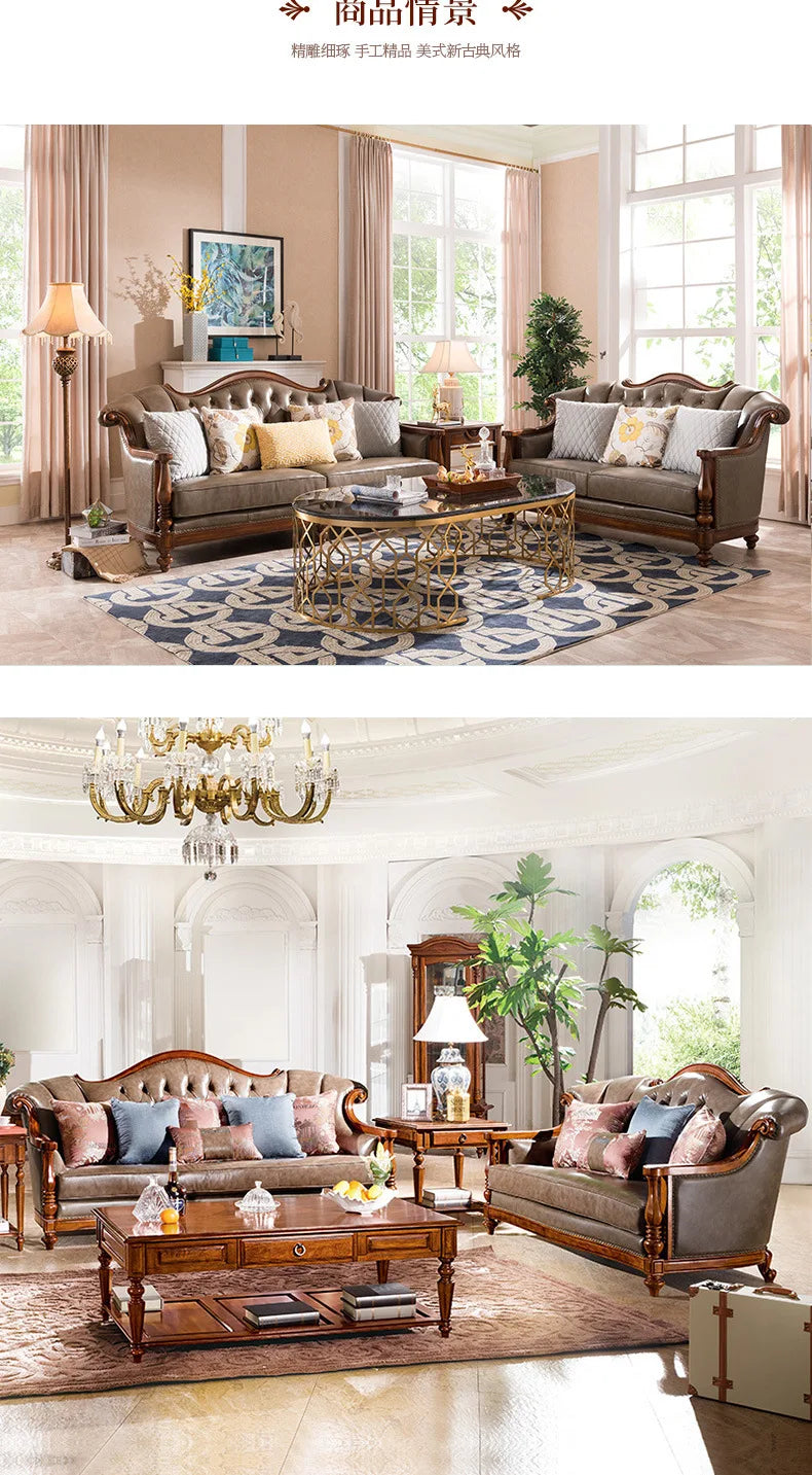QQ132 American Style Genuine Leather Art Solid Wood Sofa Country  Light Luxury Retro European Style Combination Carved Solid Woo