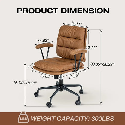 Brown Office Desk Chair, PU Leather Chair with Lumbar Support, Removable Armrests, Comfortable Adjustable Swivel Task Chair,New