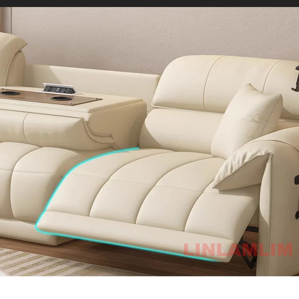 Modern Electric Reclining Sofa with Adjustable Footrest, USB, and Foldable Center Console – Italian Genuine Leather Power Sofa