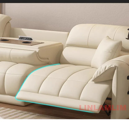 Modern Electric Reclining Sofa with Adjustable Footrest, USB, and Foldable Center Console – Italian Genuine Leather Power Sofa