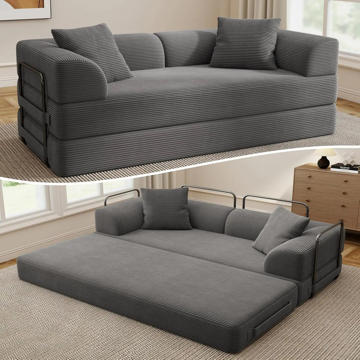 5-in-1 Convertible Sofa Bed Pull-Out Sleeper 70in High-Density Sponge Corduroy Futon Living Room Gray Customized