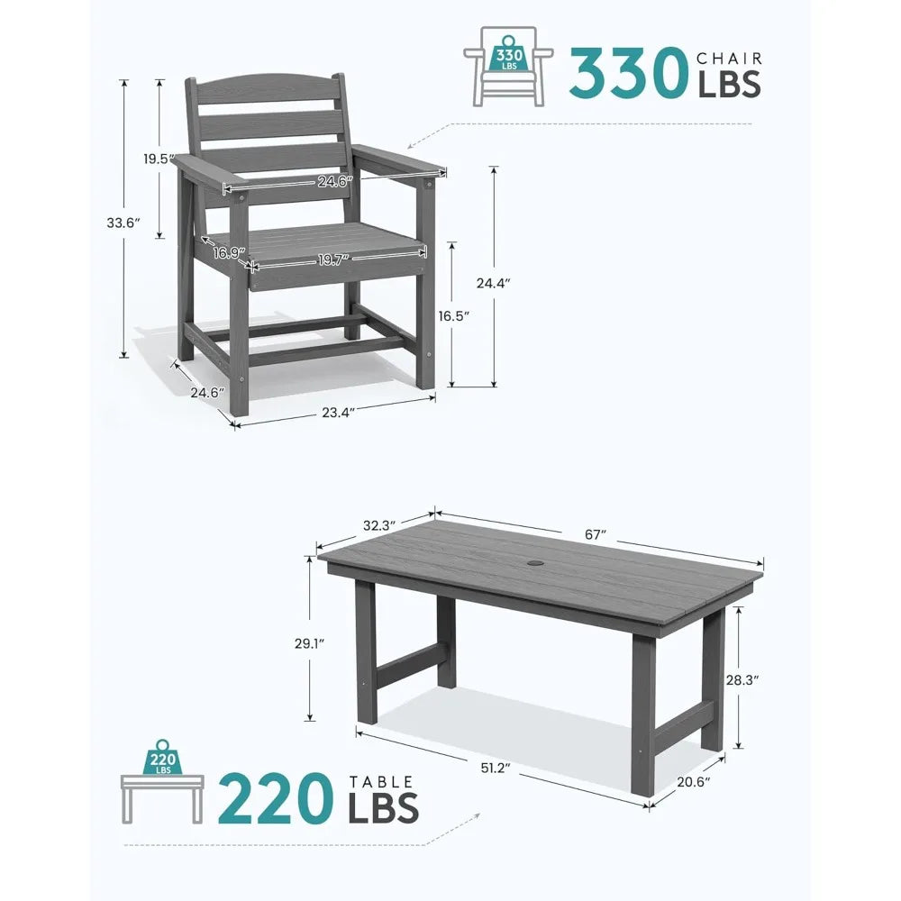 Outdoor Dining Table Set, 7-Piece Outdoor Dining Table Sets with Umbrella Hole Cut-Out Table and 6 Chairs, Gray